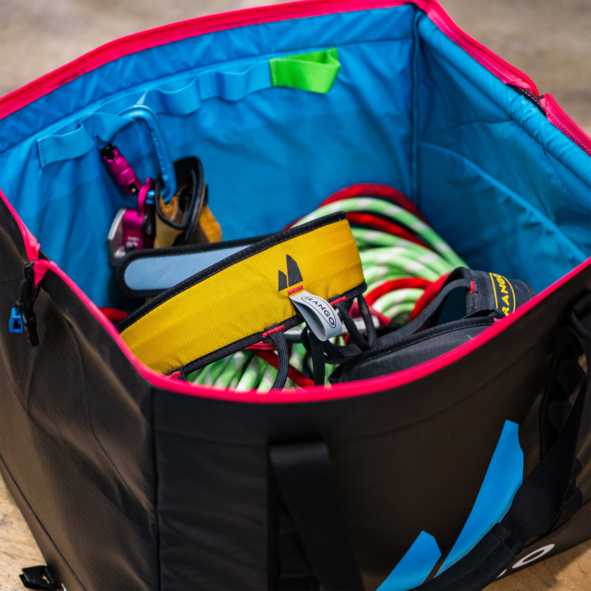Open Trango Rope Tote loaded with climbing gear